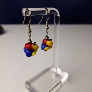 Vintage KU Jayhawks Lampwork Glass Artisan Earrings Dangle Pierced
